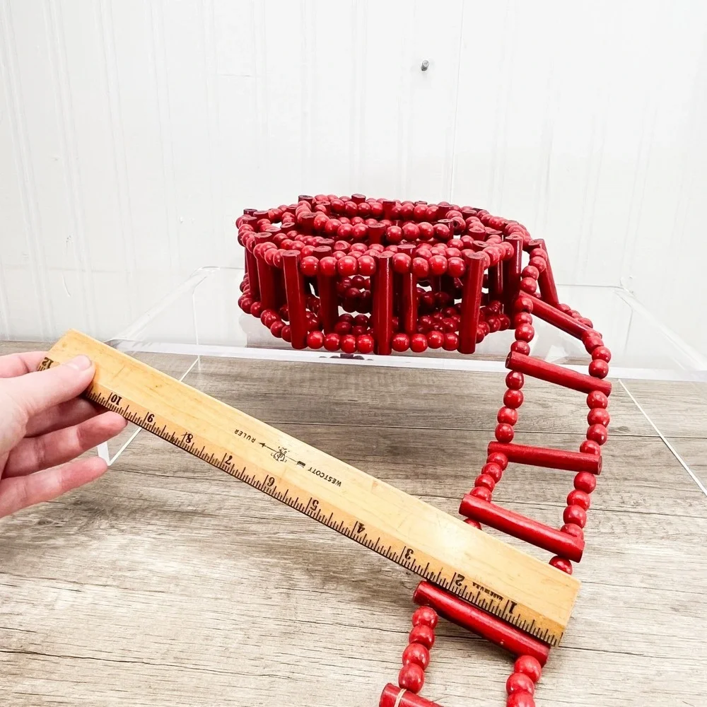 Vintage Red Wooden Holiday Garland Beaded Ladder Christmas Tree Trim 8.5 Ft
